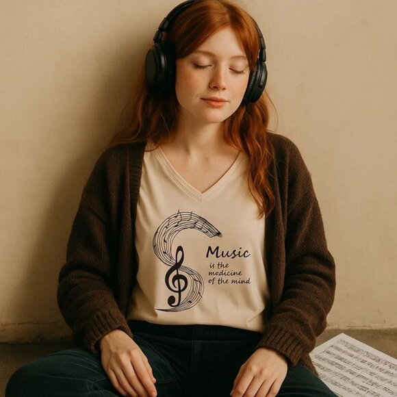 Music Graphic Tee Apricot Beige Size Large Music is the Medicine of the Mind - Picture 1 of 8
